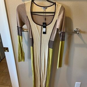 Fashion Nova Tan and Yellow Long Sleeve Dress